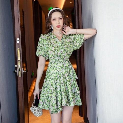 Fashion Summer Vintage Lantern Sleeve Mini Wrap Dress Ladies Streetwear Elegant Casual Floral Print Belt Beach Vacation Dress