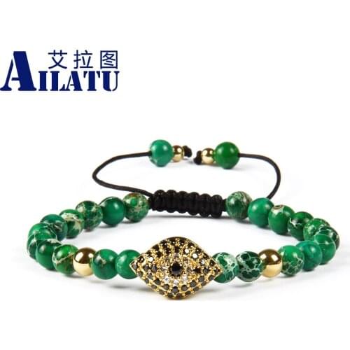 Ailatu Fashion Jewelry Wholesale 6mm Natural Sea Sediment Stone with Micro Pave Black Cz Tukish Lucky Eye Macrame Bracelets