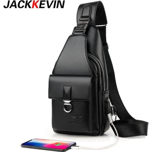 JackKevin Men Shoulder Bag Theftproof Lock Messenger Bags PU Leather Chest Bag Crossbody Male Charging Handbag Men Sling Pack