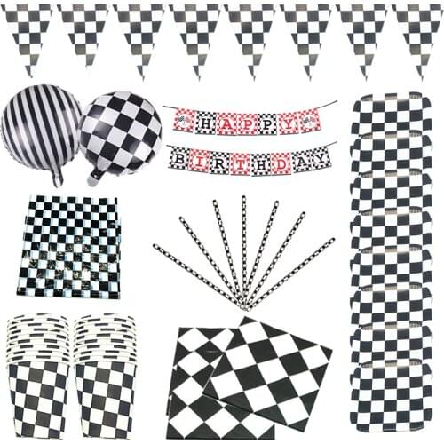 Black White Racing Car Party Deco Servies Chess Disposable tableware Set party wedding Baby Shower Deco for Kids