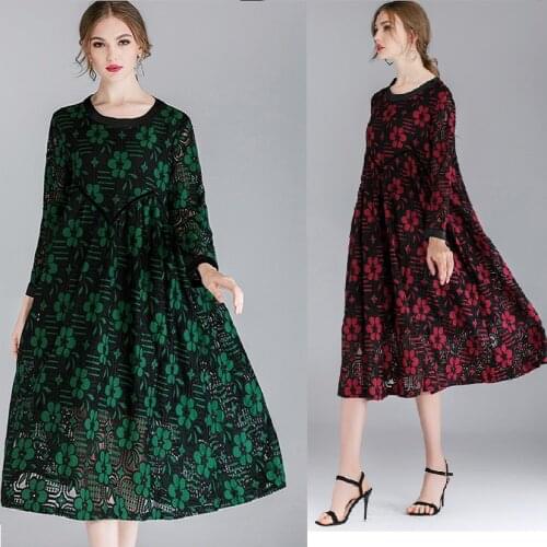 New2019 Spring lace Dress elegant loose Floral one-piece Dress plus size long sleeves two colors lace long casual vestidos XXXXL