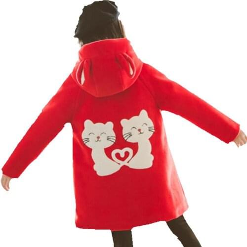 Fall Winter Teenager Girls Woolen Coat Childrens Hooded Woolen Coat Kids Cartoon Print Outerwear