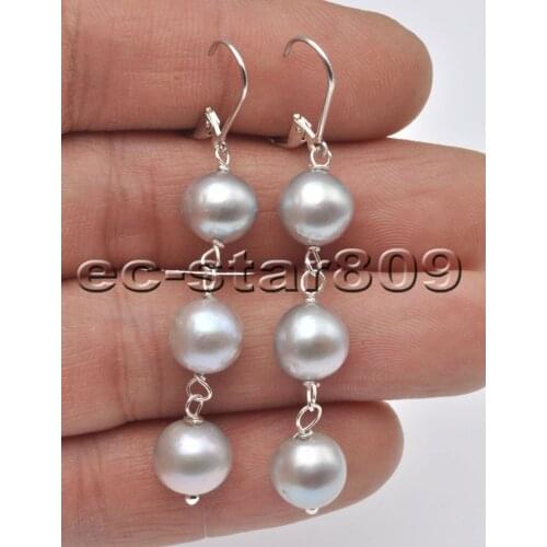P6852 A++ 11mm Round Gray Freshwater Pearl Dangle Earring 925SS