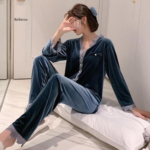 Gold Velvet Pajamas Women Autumn Winter Warm Sleep Set Female Long Sleeve Tops + Trousers Sexy Homewear Ladies Lace Pijama