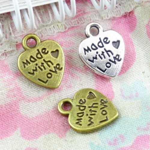 100pcs Charms heart made with love 12x10mm handmade Craft pendant ,Vintage Bronze Antique Silver Plated,DIY for necklace
