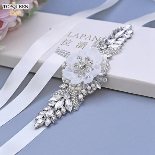 TOPQUEEN S480 Organza Flower and Rhinestone Wedding Belt Retro Beautiful Wedding Accessories Ribbon Belt Bridal Embellished Belt
