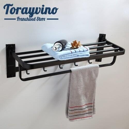Torayvino Sturdy towel stand bathroom Towel rack stainless steel black painting Shelf with 5 hooks Wall Mounted Towel Holder