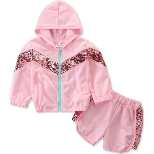Pink Little Girls Costume Kids Suit Baby Clothes Sportswear Childrens Clothing Toddler Girl Clothes Sequins Cardigan + Shorts