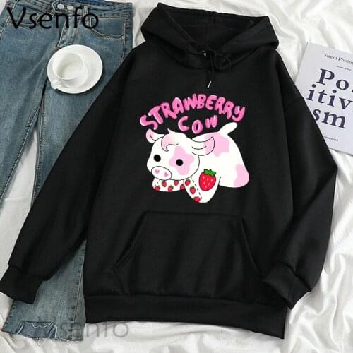 Harajuku Kawaii Women Strawberry Cow Hoodies Sweatshirts Pullover Cute Cartoon Graphic Hoodie Loose Winter Fleece Sweatshirt