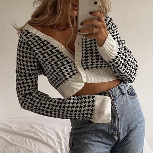 Houndstooth Print Cardigan Crop Top Women Vintage Elegant Chic Sweater Autumn Jumper Ladies Cardigan Knit Korea Style Streetwear