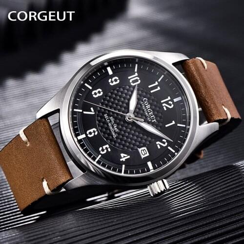 CORGEUT Watch Business Fashion Man Watch Date Leather Top Brand Luxury Watches Waterproof Luminous Simple Mechanical Wristwatch
