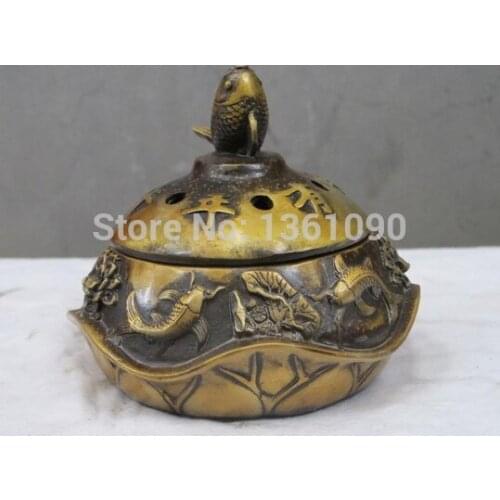 Xd 001248 5"Sino Bronze gilt sculpture Every year there is fish gold-fish carp hole censer