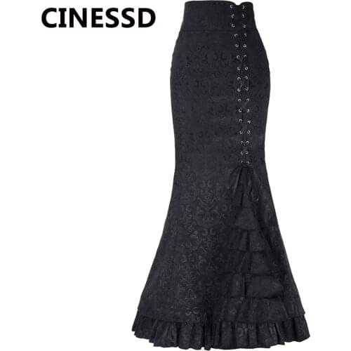 CINESSD Women Mermaid Long Skirt Black Floral Lace Up Girdle Waist Zipper Evening Party Fishtail Casual Layered Lady Maxi Skirts
