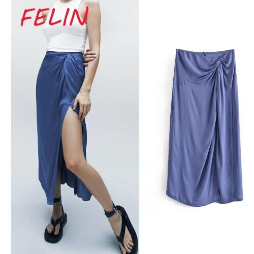 Women Skirts Silk Elegant Front Split Pleated Skirts Za Fashion High Waist Chic High Street Long Skirts Female Stylish Fladas