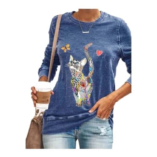 Women Blous Shirt Cute Cat Print Casual Long Sleeve Plus Size Autumn New Cartoon Tees Women 5XL Blue Black Shirts Femme