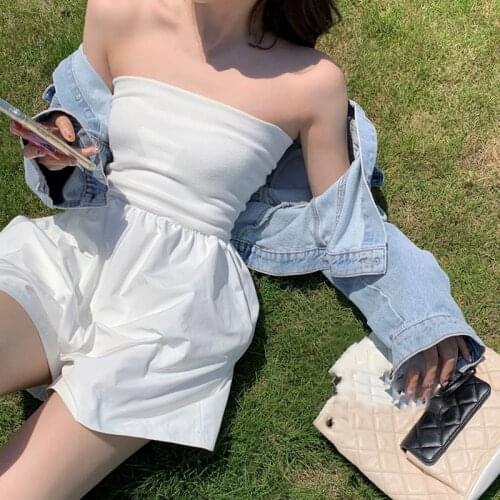 New Women Casual Strapless Romper, Adults Wide-Leg Solid Color Boat Neck Siamese Culottes White Black Soft And Comfortable