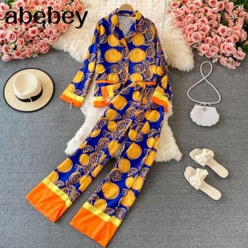 2021 New Summer Fashion turn-down collar long sleeve single breasted Shirt + high waist casual print wide leg Pants 2-piece set