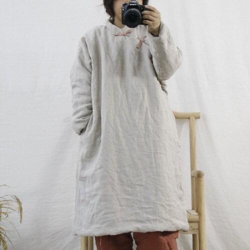 Johnature Women Vintage Linen Pullover Parkas Stand Long Sleeve Robes Button Thick 2021 Winter Women Clothes A-Line Long Parkas