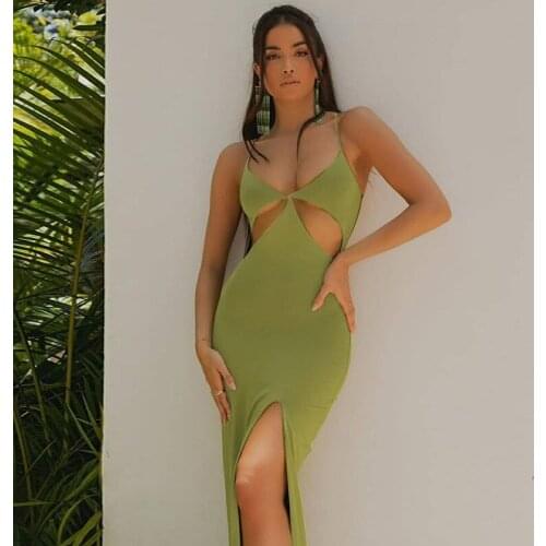 2021 Sexy Split Fork Hollow Out Strap Maxi Dress Summer Women Fashion Club Urbano Party Streetwear Outfits Long Bodycon Dress