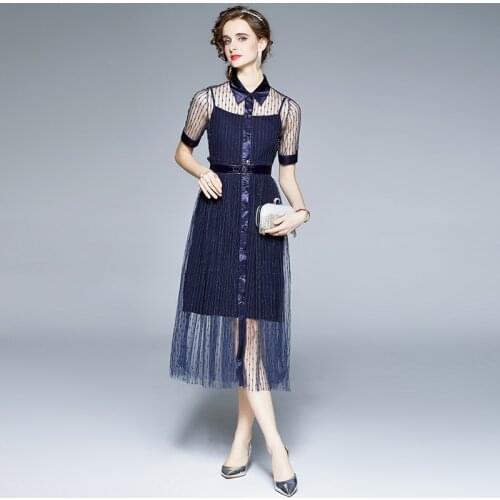 Summer See Through Mesh Embroidery Party Dress Womens Single-Breasted Short Sleeve Striped Hollow Out Two-Piece Belt Vestidos