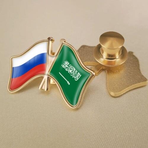 Saudi Arabia and Russian Federation Crossed Double Friendship Flags Lapel Pins Brooch Badges