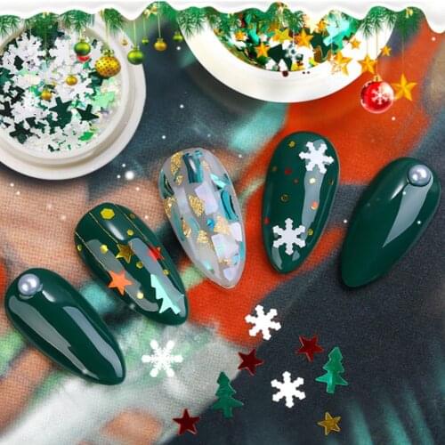 1 Box Christmas Snowflake Xmas Tree Starlights Holo Nail Glitter Sequins Nail Art Slice Stickers Decoration