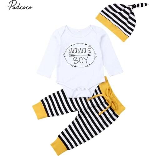2019 Baby Spring Autumn Clothing Newborn Baby Boy Cotton Long Sleeve Romper Tops Stripe Pants Trousers Hats 3PCS Outfit Clothes
