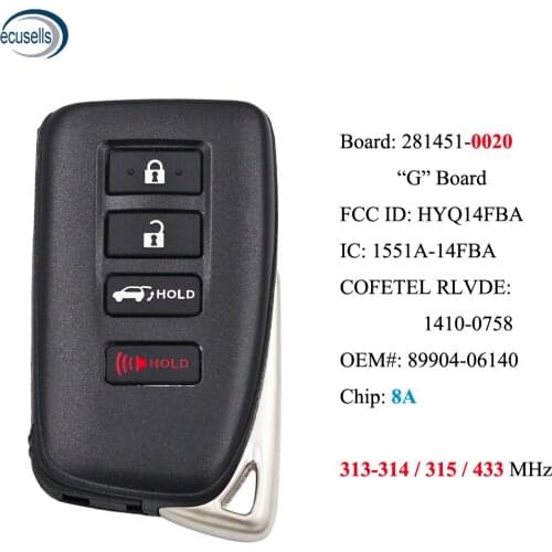 3B Smart Key 8A for Lexus ES300 ES350 GS300 GS450 FCCID: HYQ14FBA - 281451- 0020 , P/N: 89904-06140