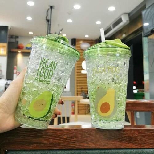450ml Hot Summer Ice Cup With Avocado Double Plastic Ice Breaker Slide Cover Straw Cup Net And Red Water Cup