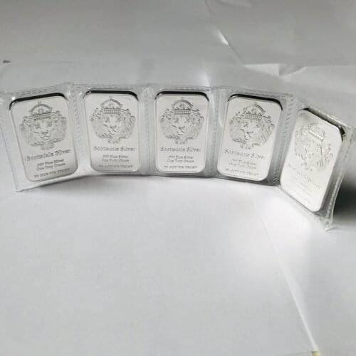 5 pcs Non magnetic Scottsdale silver bullion bar 1 OZ silver plated ingot badge 50 mm x 28 mm Vacuum packing 5 pcs a row bars