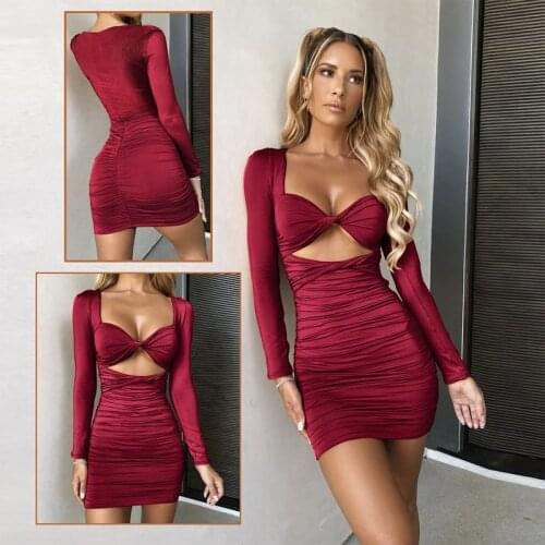Satin Bodycon Dress Long Sleeve Deep V Neck Woman Satin Bodycon Dress Pleated Mini High Waist Hollow Out Buttocks Party Dresses