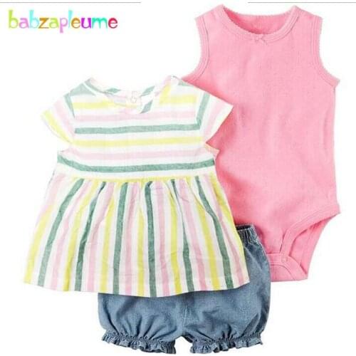 Babzapleume Summer Style Newborn Baby Clothes 100% Cotton Cute T-shirt+Rompers+Shorts Infant Girls Clothing Set 3PCS Suit BC1426
