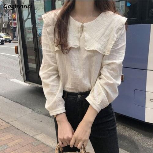 Women Blouses Peter-pan Collar Spring Shirts Solid All-match Elegant Long-sleeve Loose Outerwear Sweet Lovely Girls Chic Vintage
