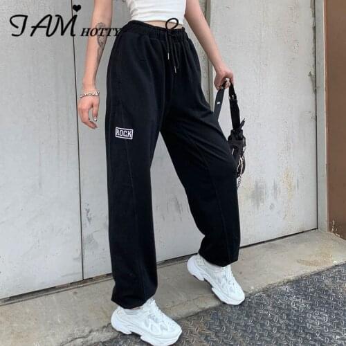 Iamhotty Black Solid Casual Loose High Waist Cargo Pants Women Vintage Gym Streetwear Joggers Ladies Ples Size Sweatpants 2020