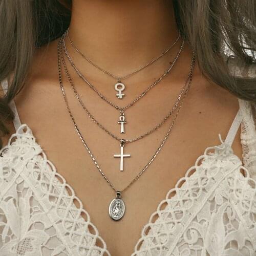 Four Layered Necklace Chain Choker Coin NecklaceCollares Femme Layered Necklace Vintage Alloy Creative Pendant Necklace Charm