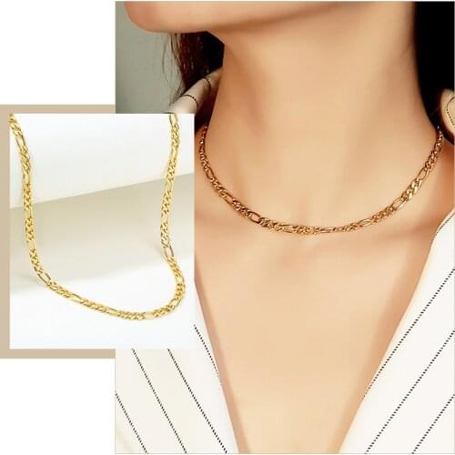 Simple Figaro Chain Choker Necklaces for Women Gold Color Stainless Steel Collar Jewelry 35-42cm
