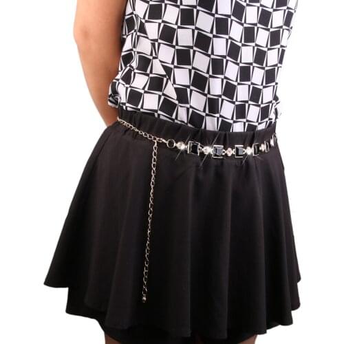 Women Gold Black Beaded Rhinestone Crystal Metal Waist Belt Chains Waistband