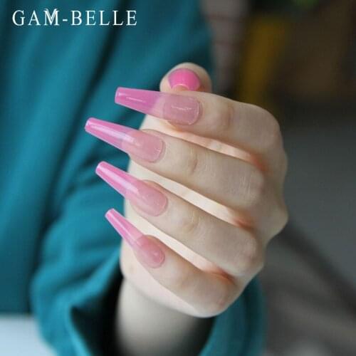 GAM-BELLE 24Pcs French Pink Gradient False Nails with Designs Coffin Full Cover Artificial Fake Nail Tips DIY Manicure Tools