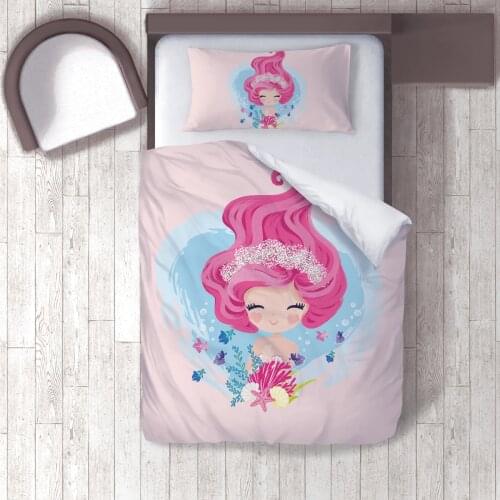 Duvet Cover Set Bedding Set Pillow Case for Baby and Kids Room 3D Printed Pink Hair Mermaid Model 036