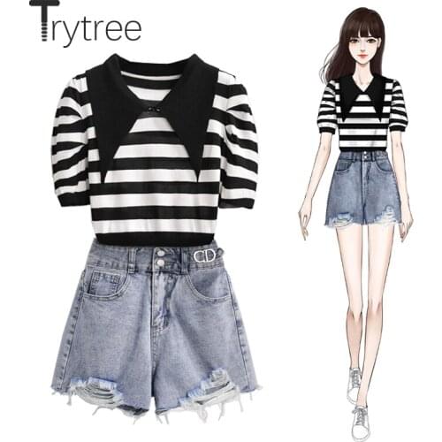 Trytree Summer Women Two Piece Set Casual Peter pan Collar Striped Knitted Tops + Hand Frayed Shorts Pocket 2 Color 2 Piece Set