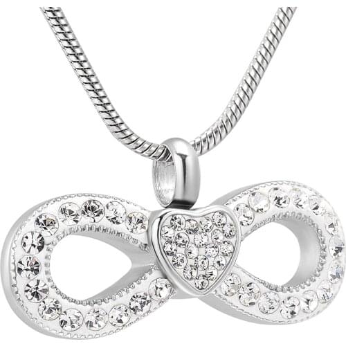 Love Infinity Heart Crystal Urn Pendant-Necklace for Ashes, Bow Knot Stainless Steel Cremation Jewelry