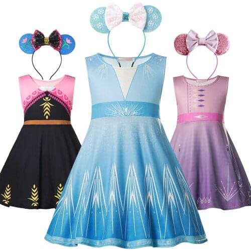 Printed Elsa Dress Girls Cosplay Fancy Costume Elza 2 Party Vestido Child Baby Birthday Princess Dress up Summer Clothes Frock