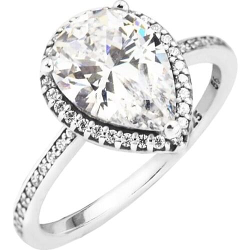 FANDOLA Genuine 925 Sterling-Silver-Jewelry Rings for Women Radiant Teardrop Silver Ring with Clear CZ Autumn Collection Rings