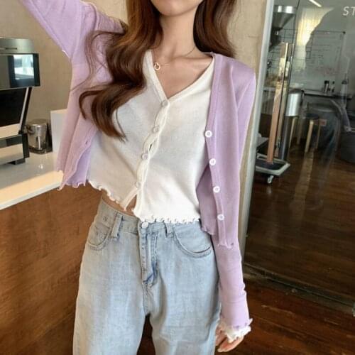 New Fashion Girl Summer Knitted Jacket Slim Short Cardigan Women Clothing Cropped Tops Full Sleeve V-neck Blouse 2 Pieces In 1