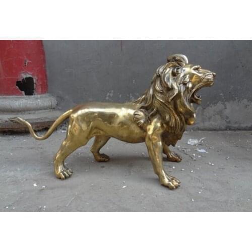 Song voge gem S2432 23" Chinese Brass Animals Ferocious FengShui Foo Fu Dog Lion Statue Sculpture