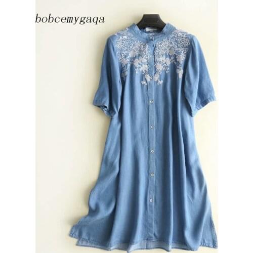 Embroidered Denim Shirt Dress Women Loose Button Up O Neck Short Sleeve Summer Dresses Women Work Office Lady Dress Cotton