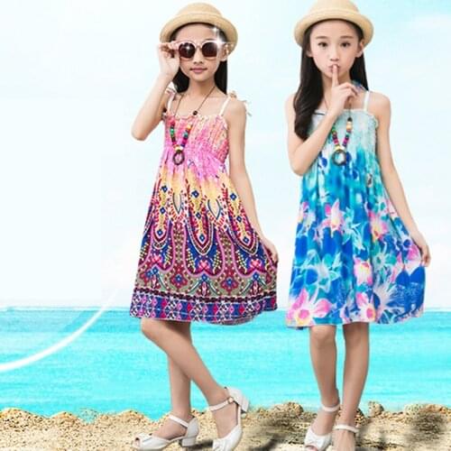 Girls Beach Dresses Summer Sling Floral Bohemian Beach Princess Dress With Necklace Gift For Girls 2-12 Years Kids Dresses