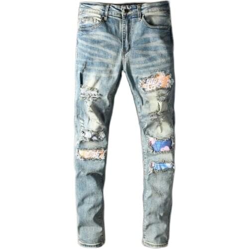 SEVEYFAN 2021 Mens Fashion Skinny Biker Jeans Ripped Patchwork Denim Pants for Male