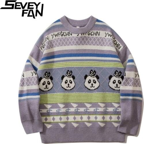 SEVEYFAN Mens Fashion Cartoon Panda Jacquard Sweaters BF Loose Cotton O Neck Kintwear Hip Hop Pullover Sweater for Couples