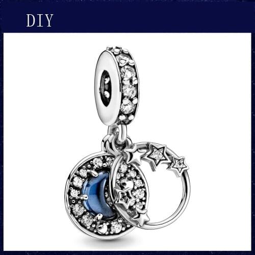 Silver Shiny Blue star and moon pendant fit Pandora Charm Silver 925 Bead Pendant Bangle with stylish DIY jewelry